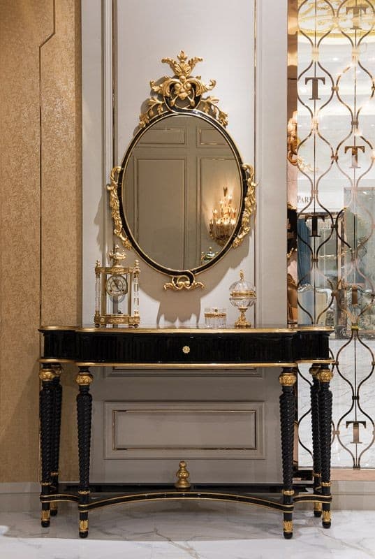 Luxury Ebony & Gold Console Table with Matching Oval Mirror — Home Decor