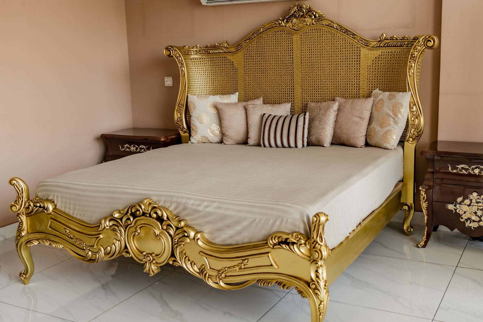 Royal French Gold-Leaf Rattan King Bedroom Suite — Bedroom Sets
