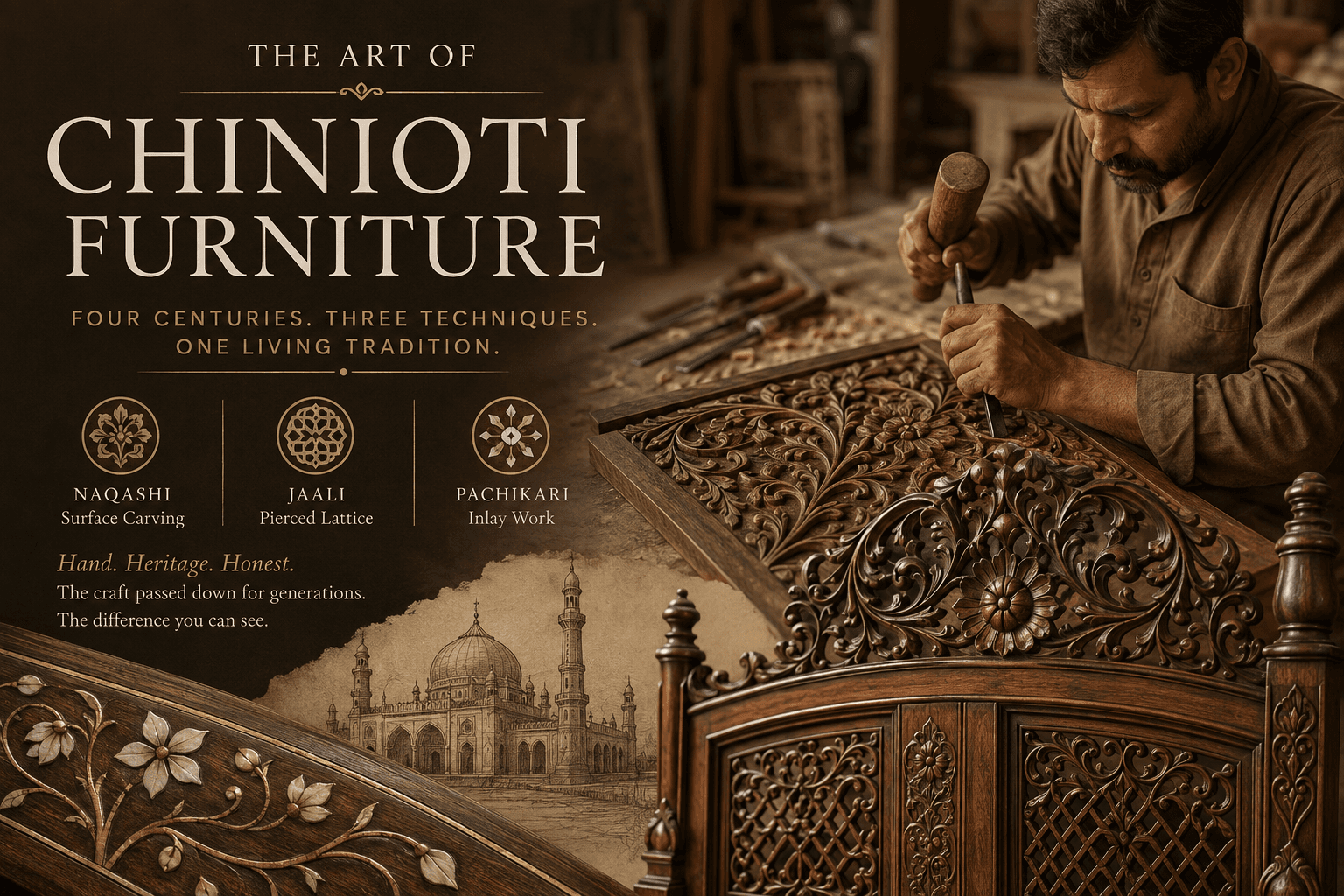 A Chiniot craftsman cutting a jaali lattice into a Sheesham headboard panel by hand