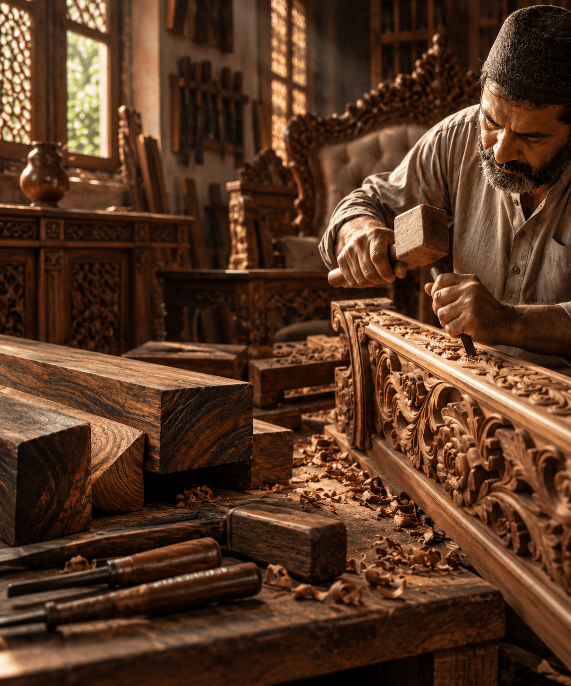 Close-up of hand-carved floral motifs and brass inlay on solid rosewood